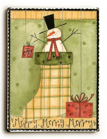 Merry Merry Merry Snowman Wood Sign 13x13 Planked