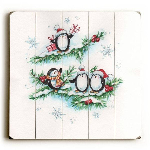 Holiday Penguins Wood Sign 13x13 Planked
