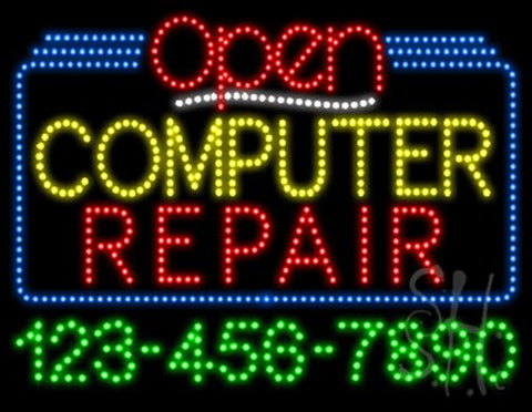 Computer Repair Open with Phone Number Animated LED Sign 24