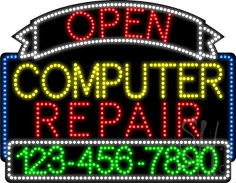 Computer Repair Open with Phone Number Animated LED Sign 24