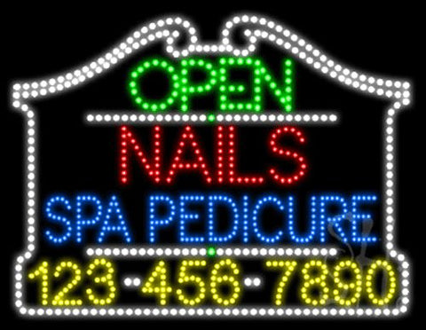 Nails Spa Pedicure Open with Phone Number Animated LED Sign 24