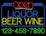 Liquor Beer Wine Open with Phone Number Animated LED Sign 24" Tall x 31" Wide x 1" Deep