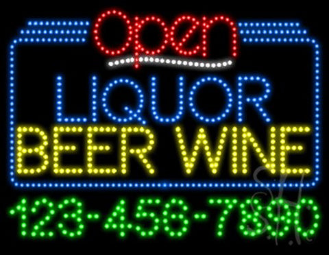 Liquor Beer Wine Open with Phone Number Animated LED Sign 24