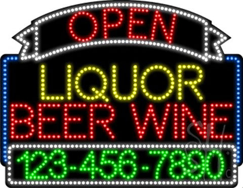 Liquor Beer Wine Open with Phone Number Animated LED Sign 24