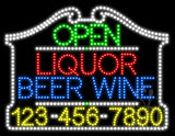 Liquor Beer Wine Open with Phone Number Animated LED Sign 24" Tall x 31" Wide x 1" Deep