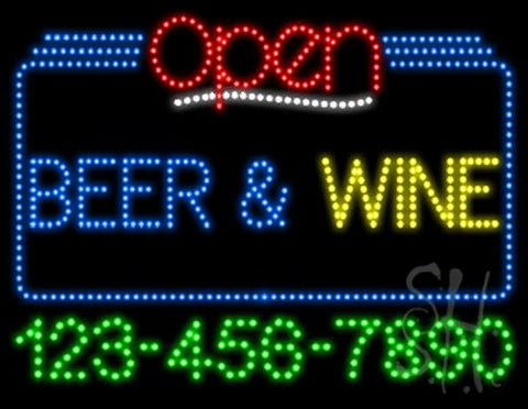 Beer Wine Open with Phone Number Animated LED Sign 24