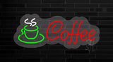 Red Cursive Coffee Logo Contoured Clear Backing Neon Sign 13" Tall x 32" Wide x 1" Deep