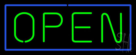 Open - Horizontal Green Letters with Blue Border Neon Sign 13