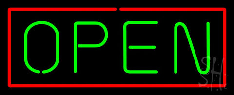 Open - Horizontal Green Letters with Red Border Neon Sign 13