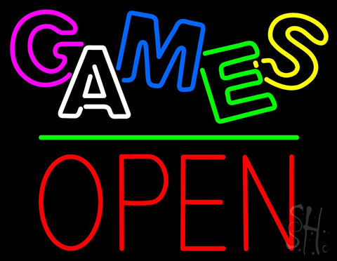 Games Block Open Green Line Neon Sign 24