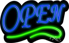 Deco Style Blue Open With Green Line Neon Sign 14