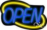 Deco Style Blue Open With Yellow Border Neon Sign 14" Tall x 22" Wide x 3" Deep