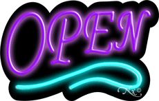Deco Style Purple Open With Aqua Line Neon Sign 14