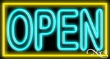 Double Stroke Aqua Open With Yellow Border Neon Sign 20" Tall x 37" Wide x 3" Deep