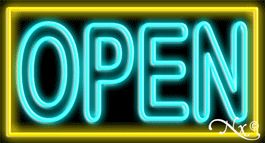 Double Stroke Aqua Open With Yellow Border Neon Sign 20