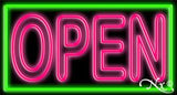 Double Stroke Pink Open With Green Border Neon Sign 20" Tall x 37" Wide x 3" Deep