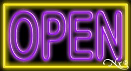 Double Stroke Purple Open With Yellow Border Neon Sign 20