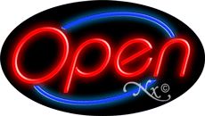 Flashing Sign - Red Open With Blue Border Oval Animated Neon Sign 17