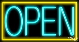 Yellow Border With Aqua Open Neon Sign 20