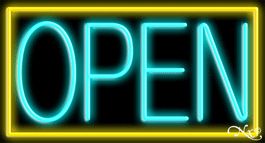 Yellow Border With Aqua Open Neon Sign 20