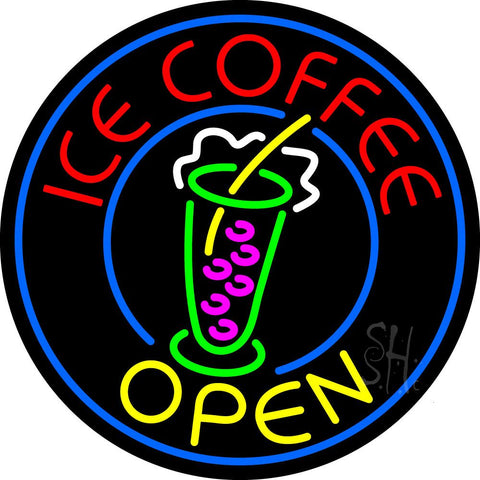 Round Ice Coffee Open  Neon Sign 26