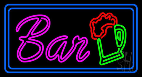 Double Stroke Bar With Beer Mug Blue Border Neon Sign 20