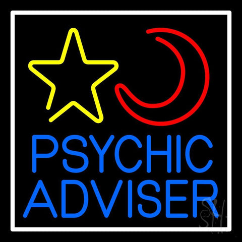 Blue Psychic Advisor With Logo White Border Neon Sign 24