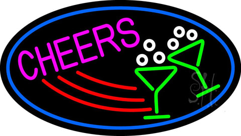 Cheers With Wine Glass Oval With Blue Border Neon Sign 17