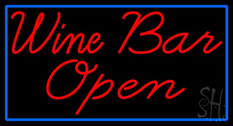 Cursive Red Wine Bar Open With Blue Border Neon Sign 20